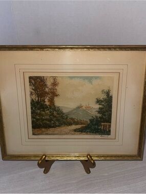 Antique Framed Etching of A Church On A Hill. Signed By Artist 1950’s Vintage
